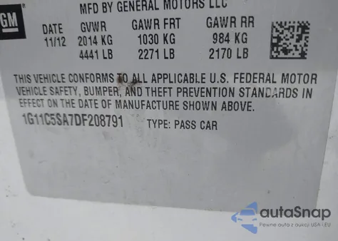 2013 Chevrolet Malibu 1Lt from USA, damaged, VIN 1G11C5SA7DF208791